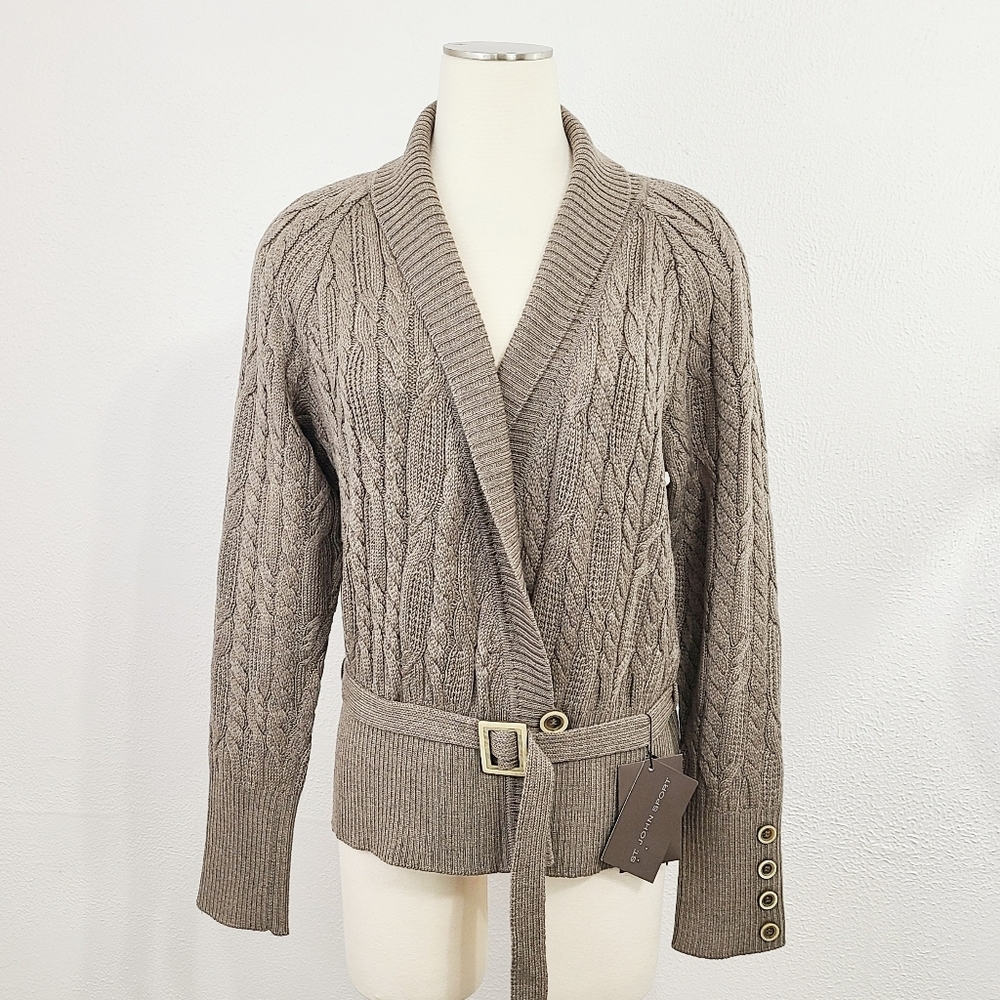 New St. John Cable Knit Cardigan Sweater Oregano Taupe Gray Brown Belted Medium